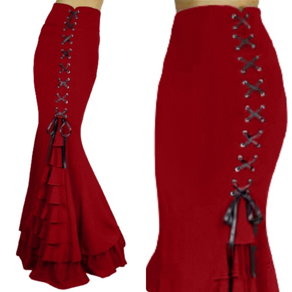 Gothic Steampunk Lace Up Ruffle Long Skirt - Picture 3 of 6